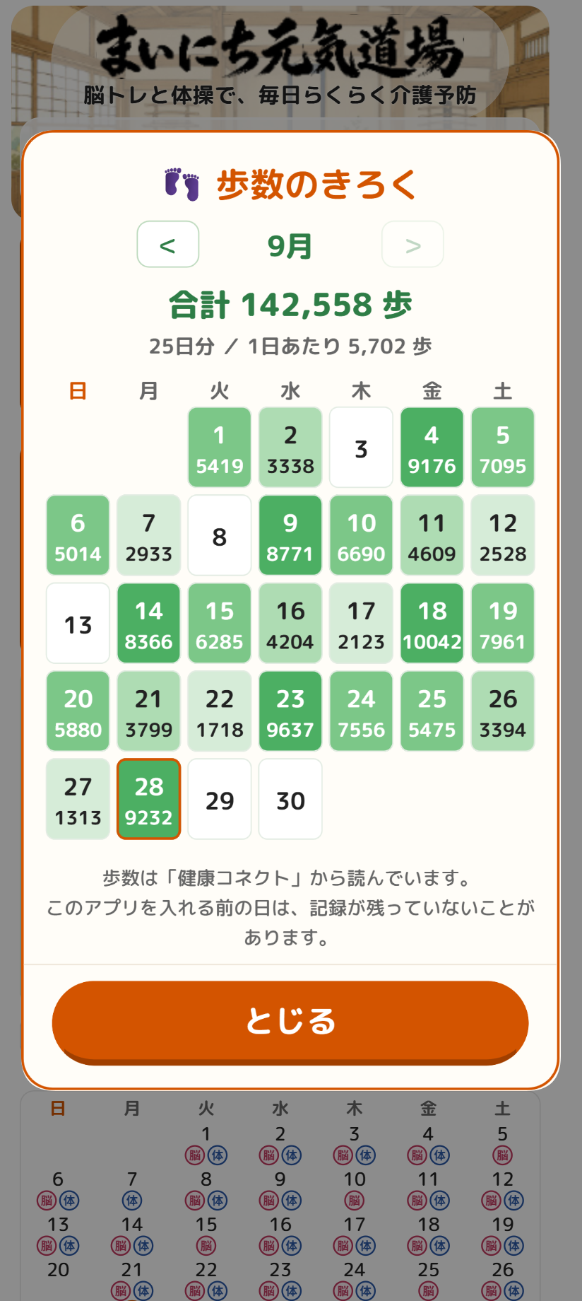 歩数のきろくの画面